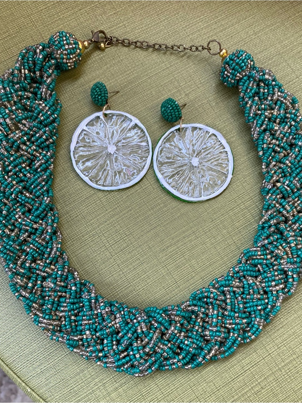 Handcrafted Teal Beaded Necklace with Lime Slice Earrings